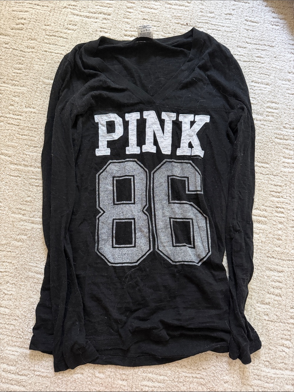 PINK Victoria's Secret Black V-Neck Long Sleeve Sweater with Varsity 86 Graphic